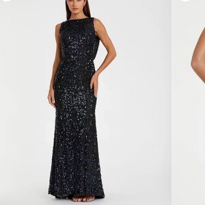NWOT Ieena for Mac Duggal dark blue sequin cowl back gown